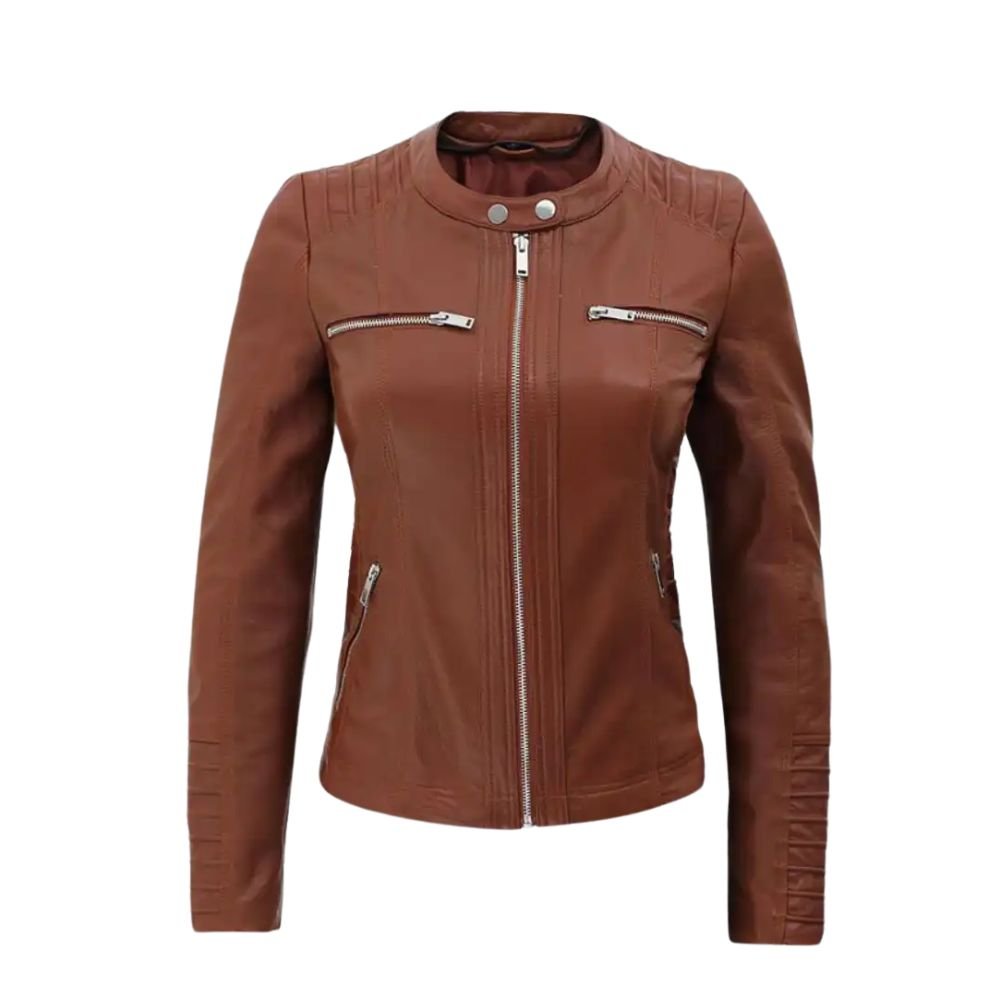 Women Detachable Hooded Leather Cafe Racer Jacket