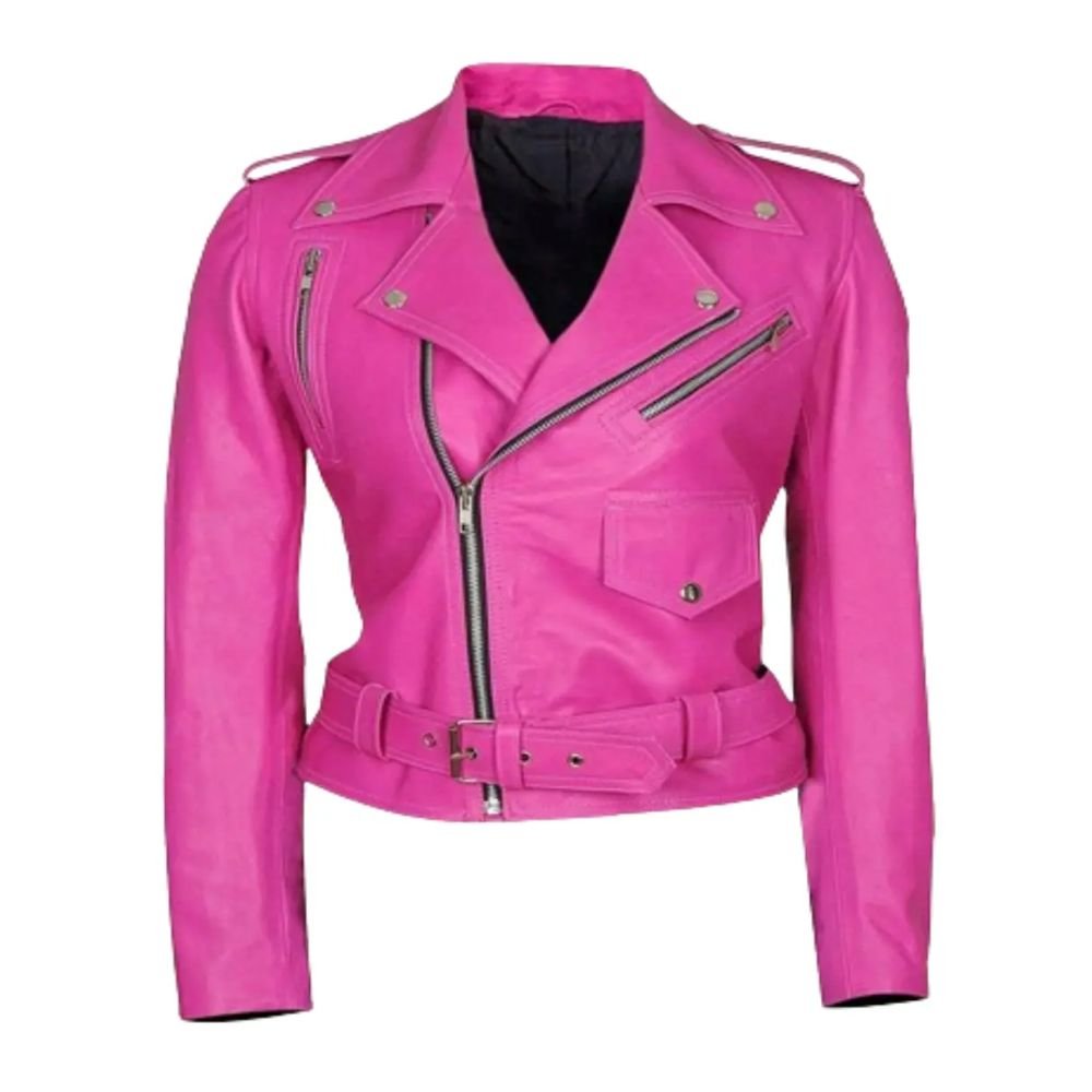 Women Hot Pink Leather Biker Jacket