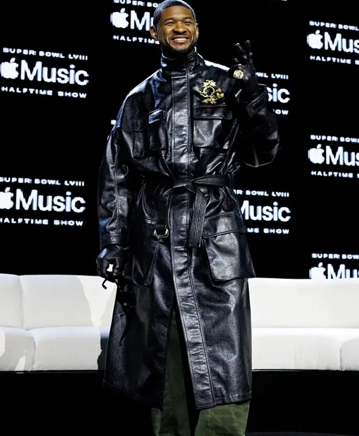 Apple Music Super Bowl LVIII Halftime Show Press Conference Usher Black Leather Coat For Sale