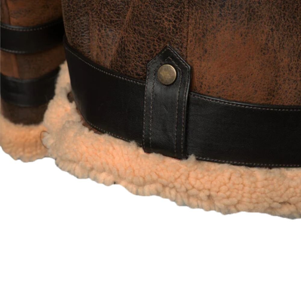 Men's B3 Belted Brown Leather Shearling Jacket - Bottom