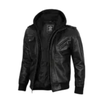 Black Leather Jacket With Hood - Side look