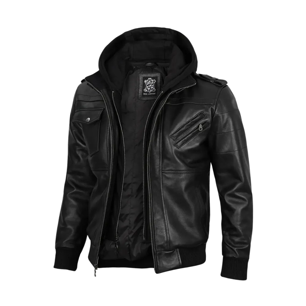 Black Leather Jacket With Hood - Side look