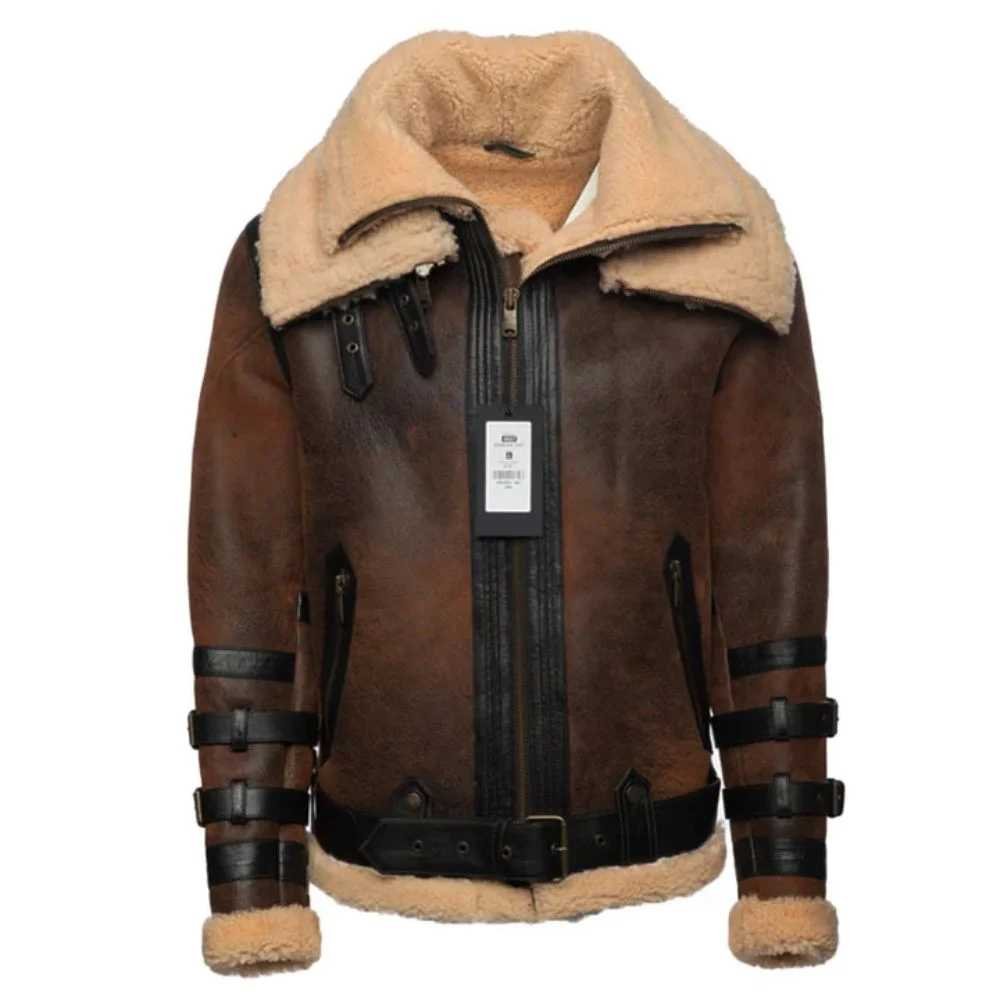 Men's B3 Belted Brown Leather Shearling Jacket - Front look