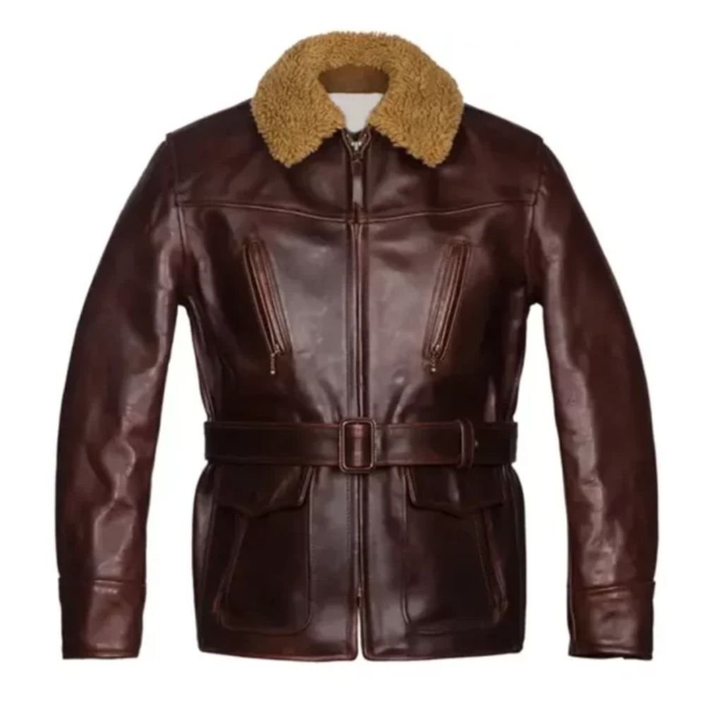 Men Shearling Collar Belted Brown Leather Jacket