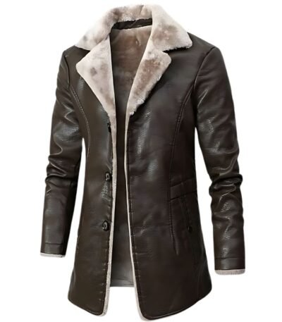 Elegant Brown PU Leather Coat - Front look