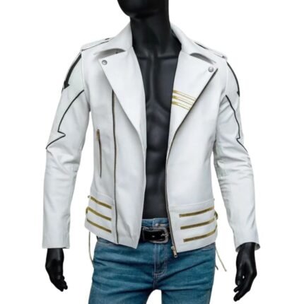 Freddie Mercury Hot Space White Leather Jacket For Men's Front look Open