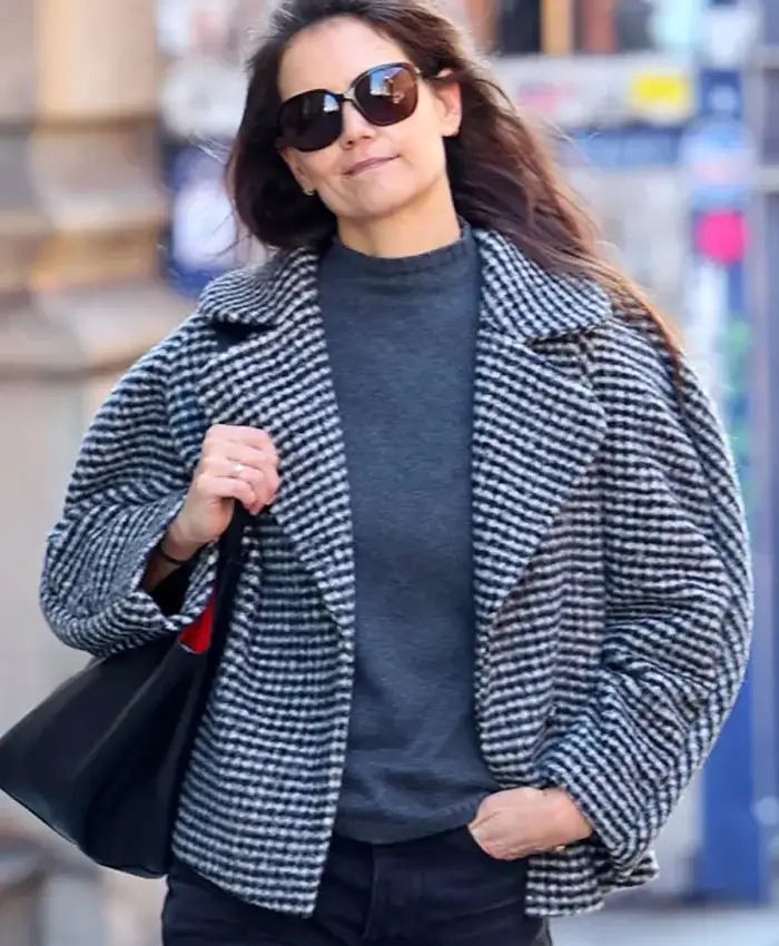 Katie Holmes Plaid Texture Wool Jacket