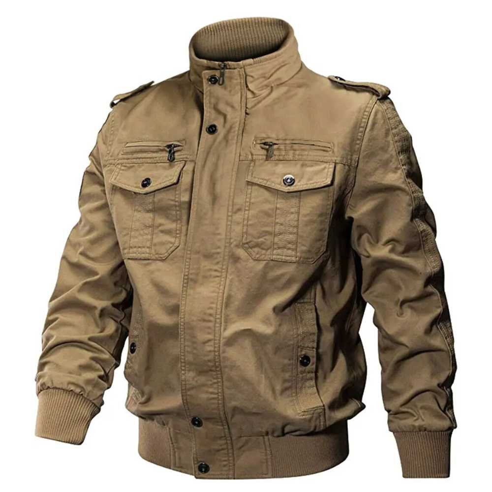 Men's Khaki Cotton Bomber Military Cargo Jacket - Front look