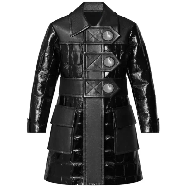 Mixed Stud Button Black Leather Coat