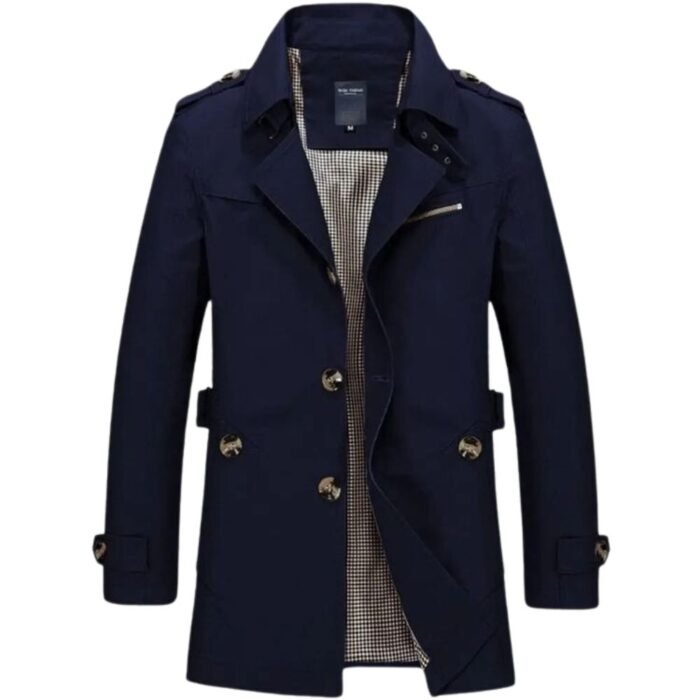 Casual Long Navy Blue Trench Jacket