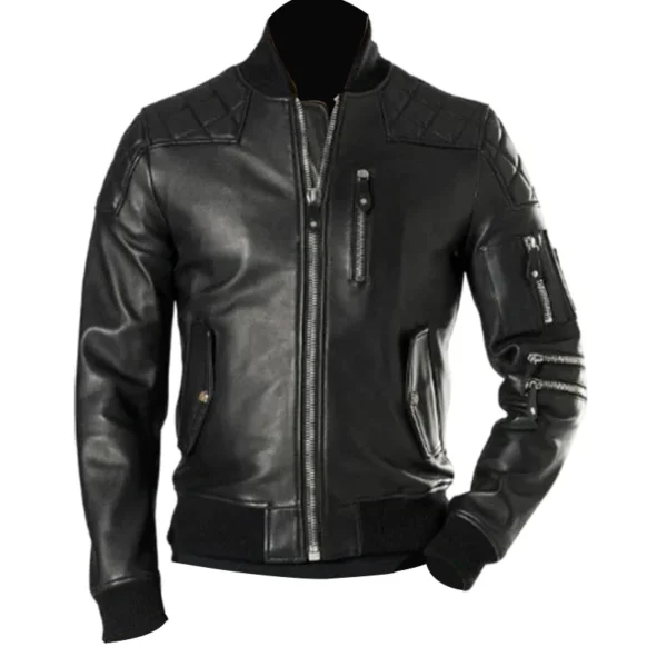 black zipper bomber leather jacket