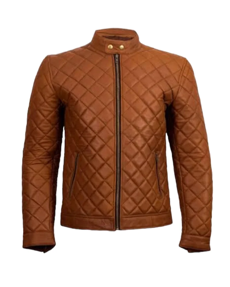 quilted cafe racer brown leather jacket