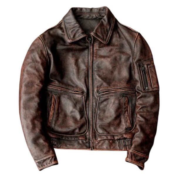 Men' Brown Vintage Leather Jacket Down Collar - Front look