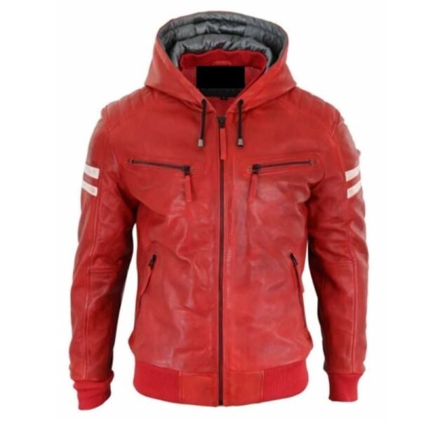 Men Red Hooded Leather Jacket