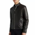 Men Zip Up Black Leather Jacket