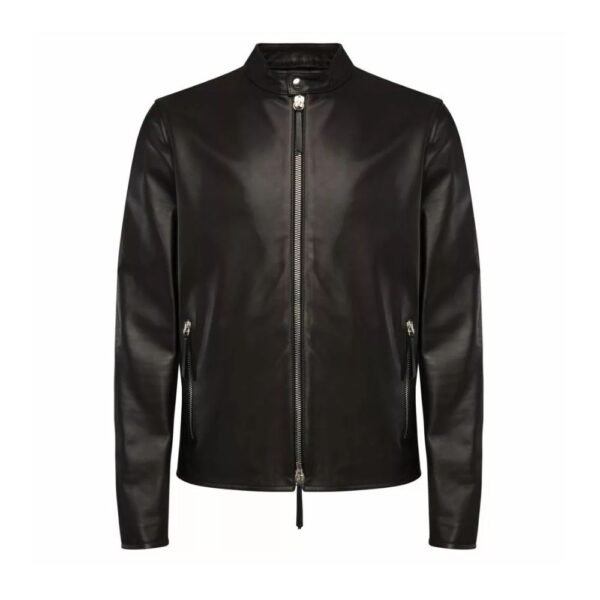 Men Zip Up Black Leather Jacket