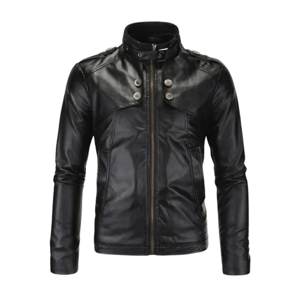 Men's Belted Collar Black Leather Jacket - Front look