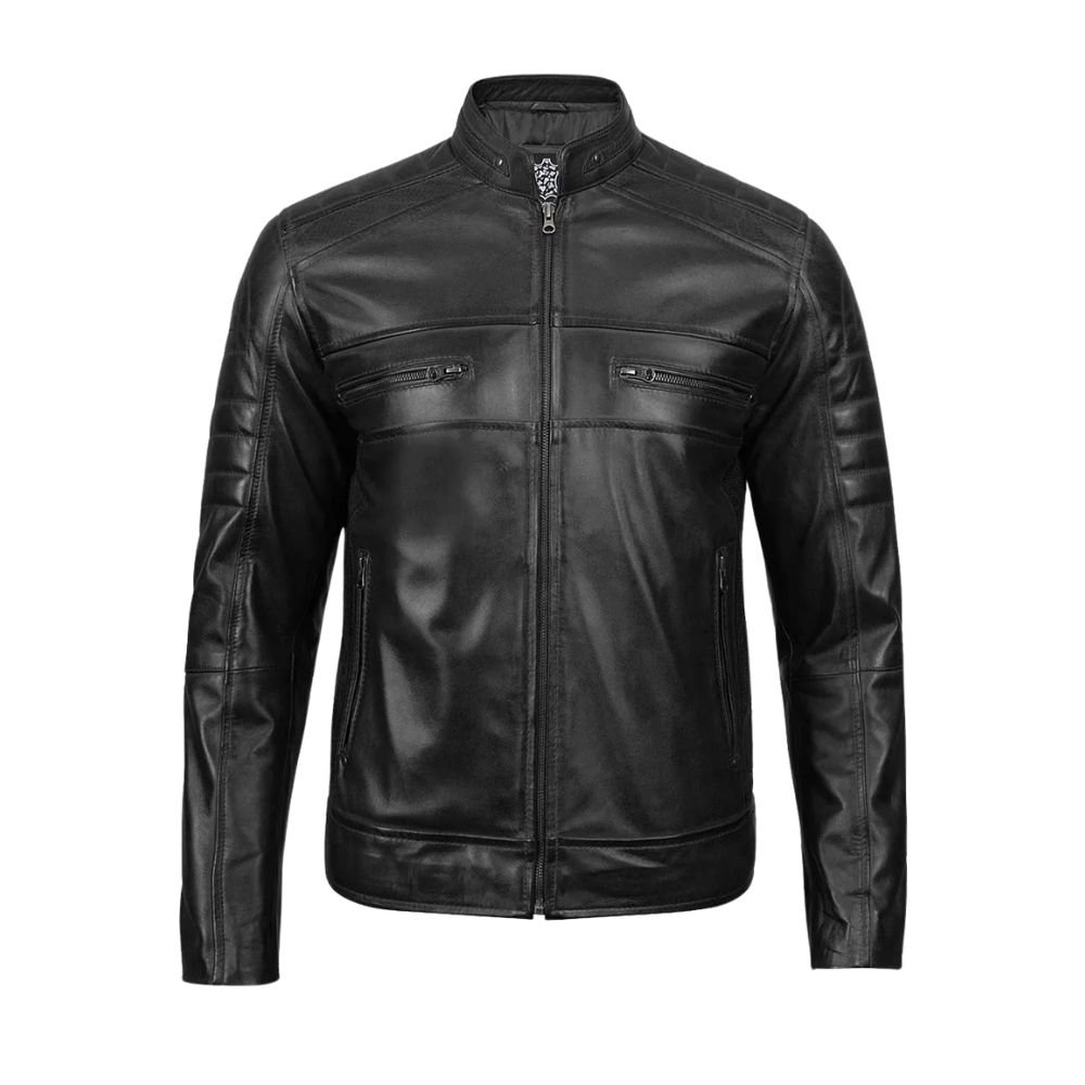 Men's Black Café Racer Leather Jacket - Front Close look