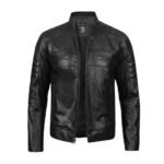 Men's Black Café Racer Leather Jacket - Front Open look