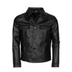 Men's Black Leather Trucker Jacket - Front look