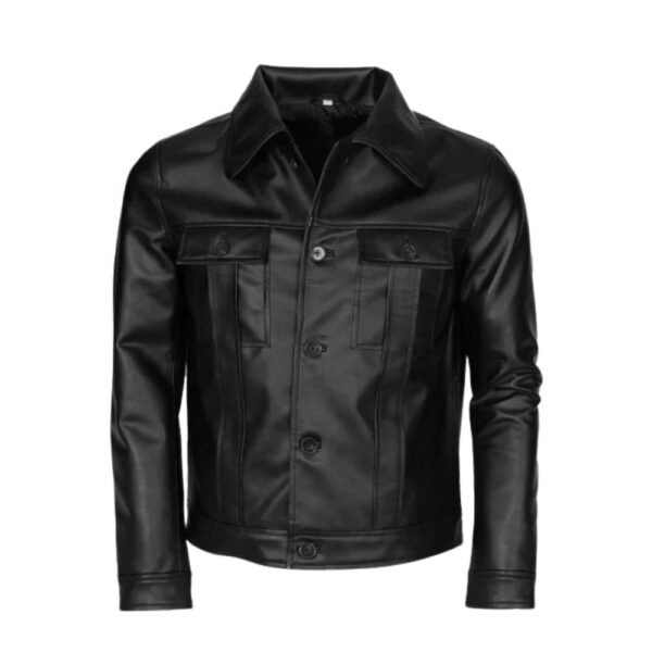 Men's Black Leather Trucker Jacket - Front look