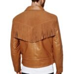 Men's Brown Biker Leather Fringe Jacket Back look