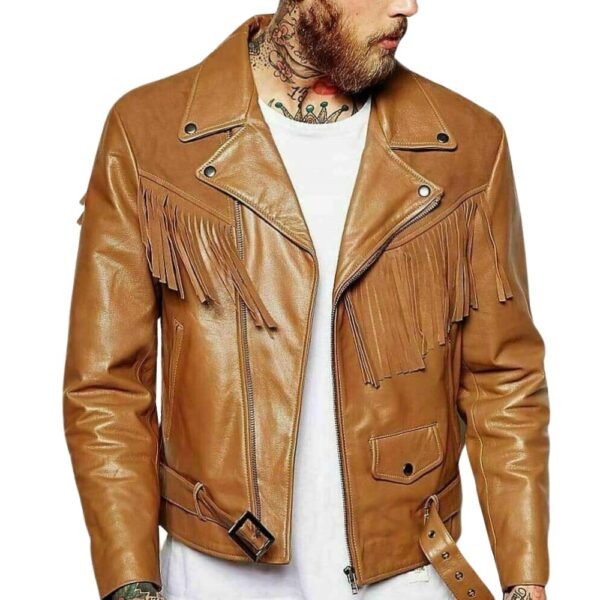 Men's Brown Bi\ker Leather Fringe Jacket Front look