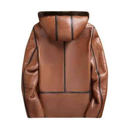 Men's Brown Hooded Sherpa Lined Leather Jacket - Back look
