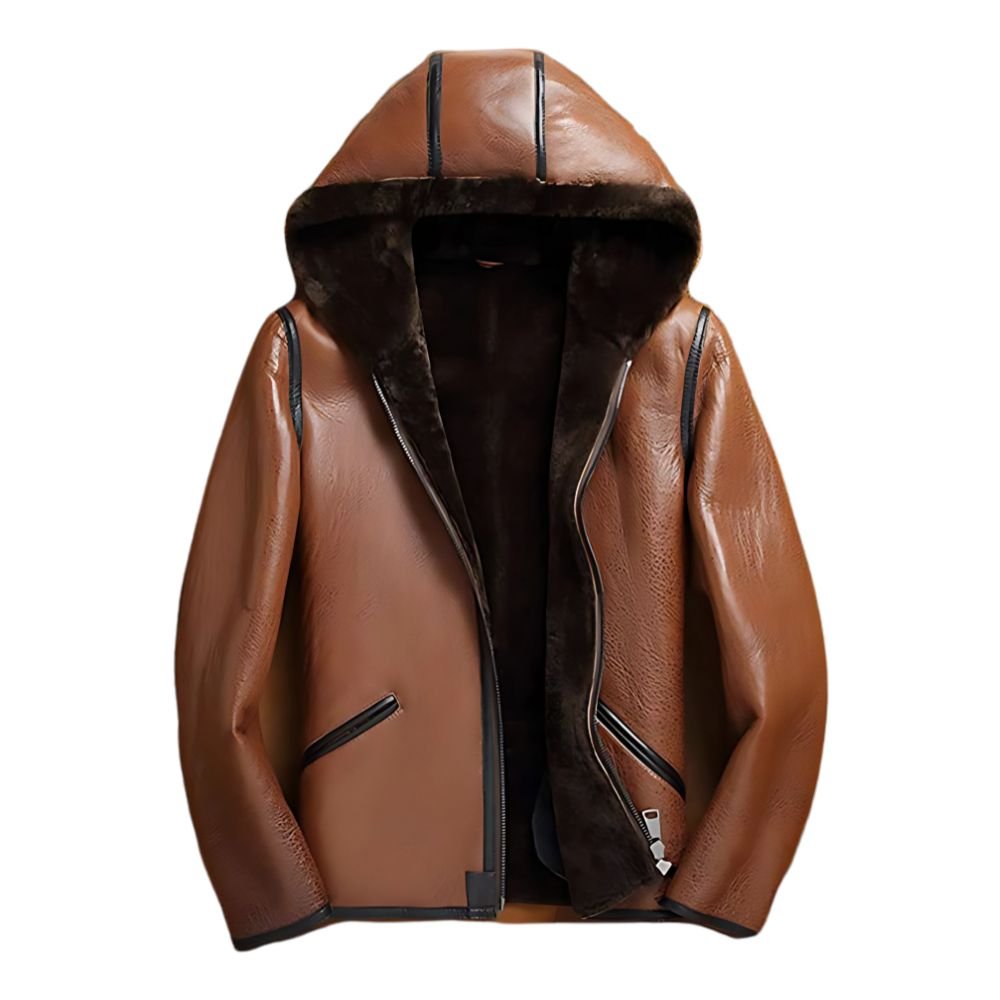 Men's Brown Hooded Sherpa Lined Leather Jacket - Front look