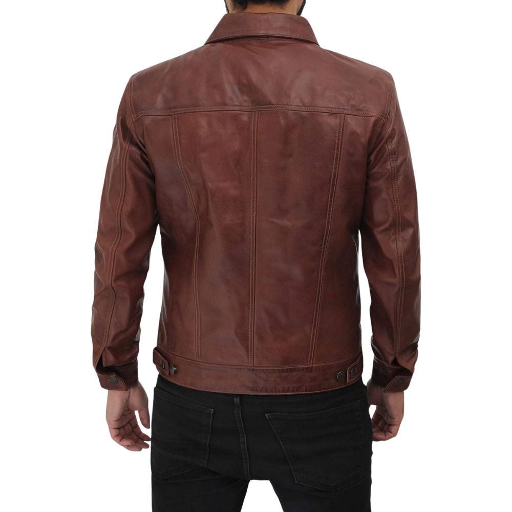 Men's Brown Leather Trucker Jacket - Back look