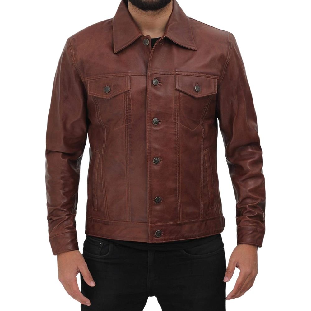 Men's Brown Leather Trucker Jacket - Front look Closed Button