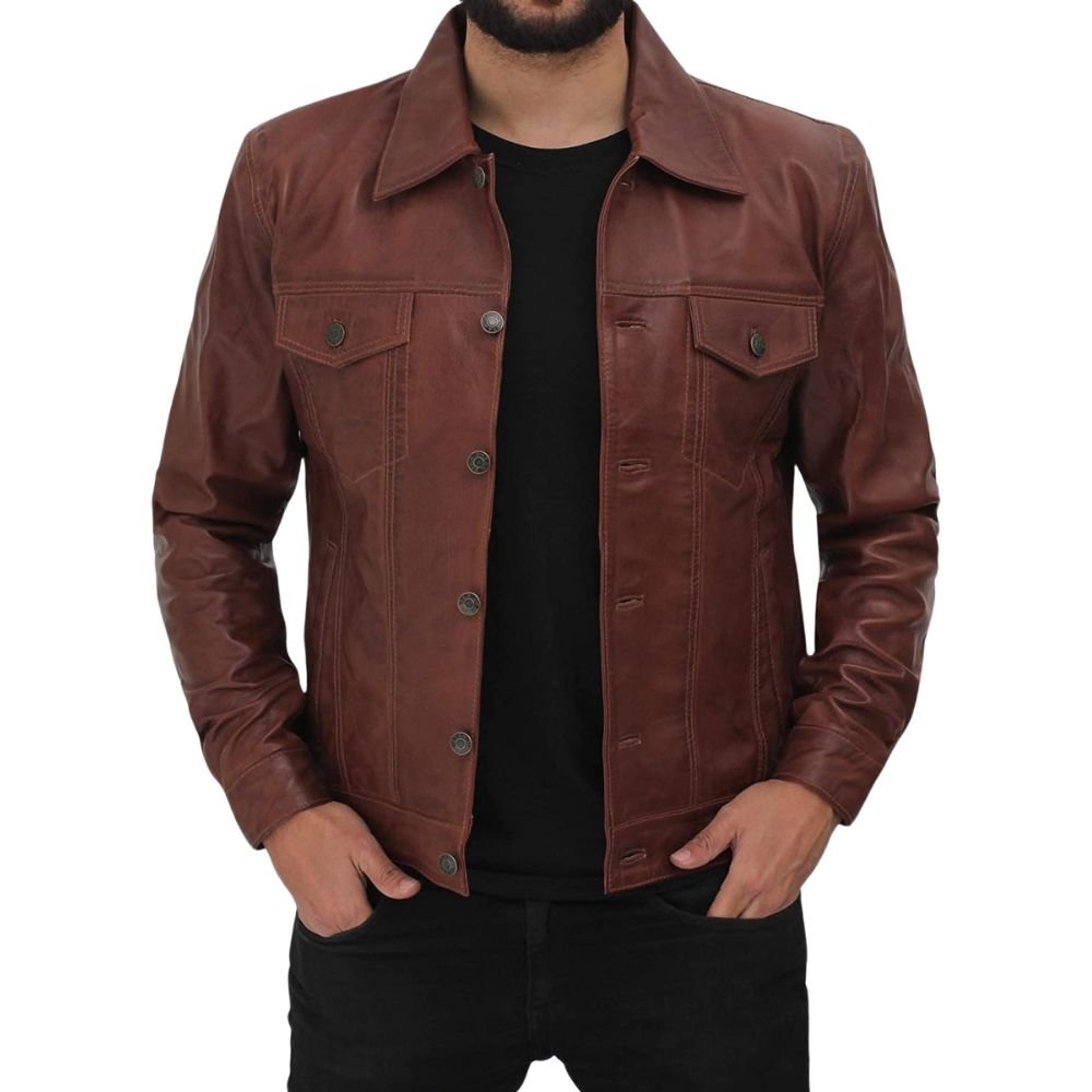 Men's Brown Leather Trucker Jacket - Front look