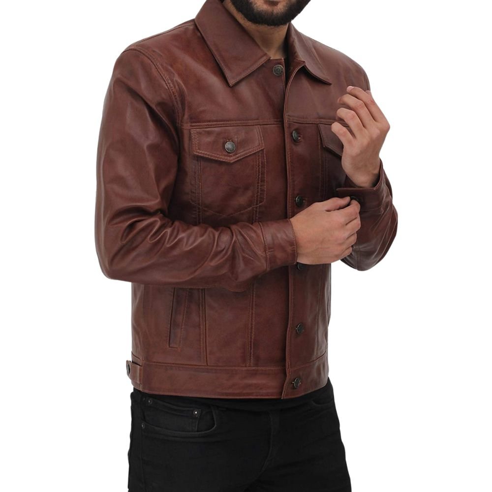 Men's Brown Leather Trucker Jacket - Side look