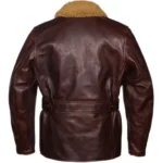 Men's Brown Belted Shearling Collar Leather Jacket - Back look