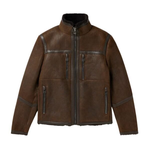 Men's Brown Tundra Shearling Leather Jacket - Front look