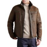 Men's Brown Tundra Shearling Leather Jacket - Front look Model Wear