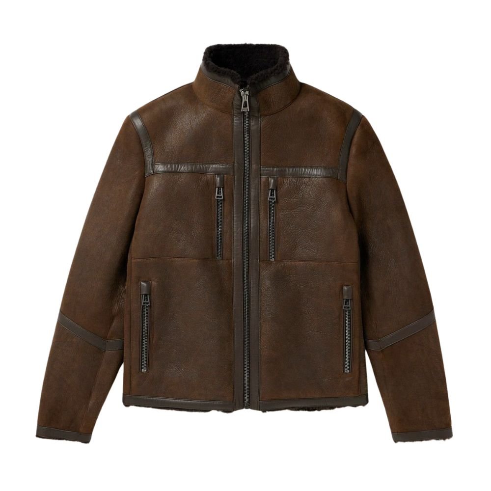 Men's Brown Tundra Shearling Leather Jacket - Front look