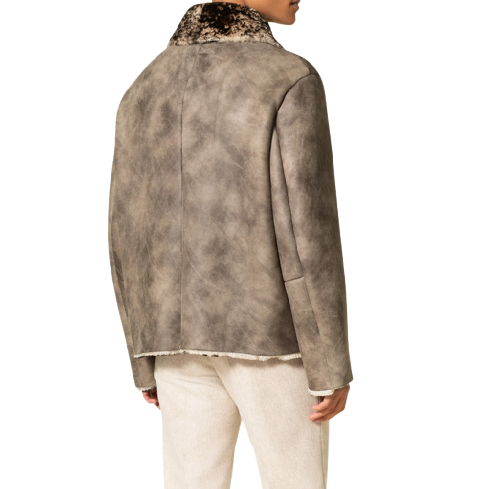 Men's Gray Suede Jacket With Brown Sherpa Collar - Back look