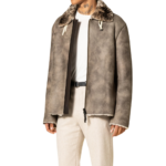 Men's Gray Suede Jacket With Brown Sherpa Collar - Side look