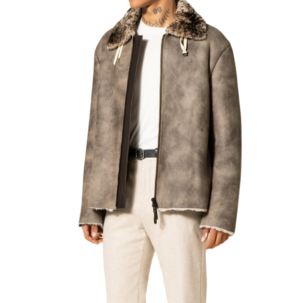 Men's Gray Suede Jacket With Brown Sherpa Collar - Side look