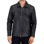 Men's Point Collar Black Leather Jacket - Close Front look