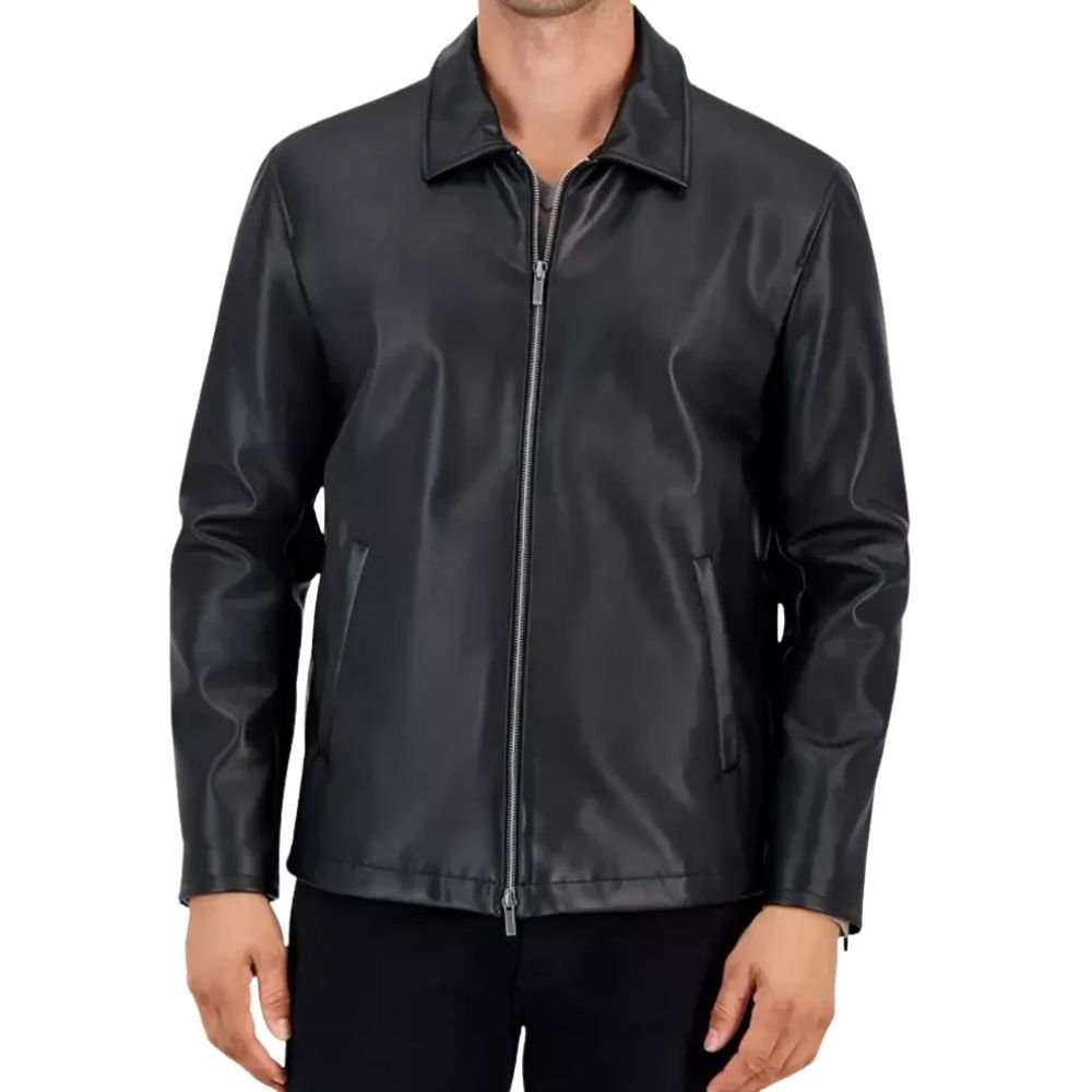 Men's Point Collar Black Leather Jacket - Close Front look