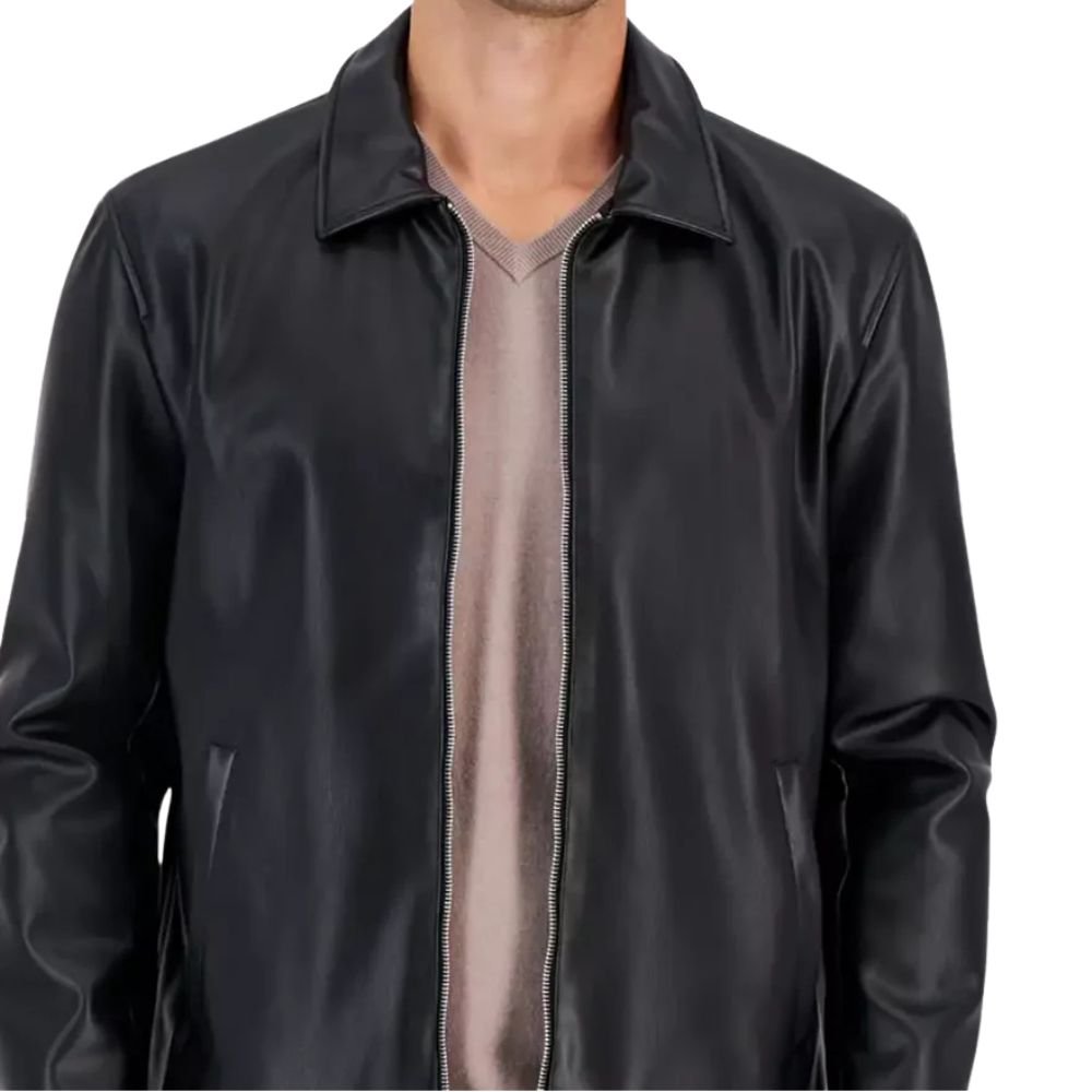 Men's Point Collar Black Leather Jacket - Front look 1