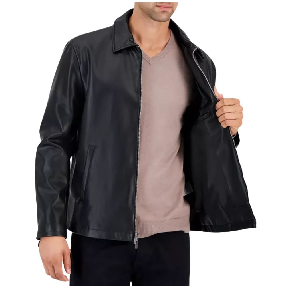 Men's Point Collar Black Leather Jacket - Front look 2