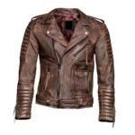 Men's Quilted Brown Distressed Leather Biker Jacket - Front look