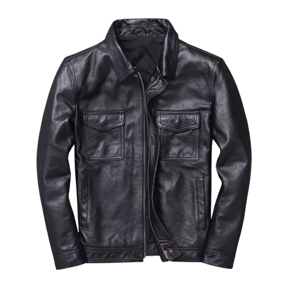 Men's Retro Black Biker Leather Jacket With Two Flap Pockets - Front look