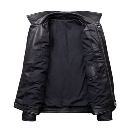 Men's Retro Black Biker Leather Jacket With Two Flap Pockets - Inner Look