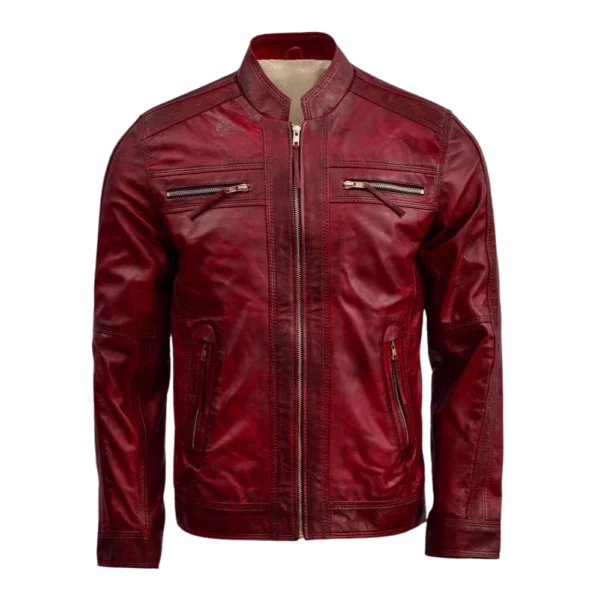 Mens Waxed Dark Burgundy Cafe Racer Leather Jacket (2)