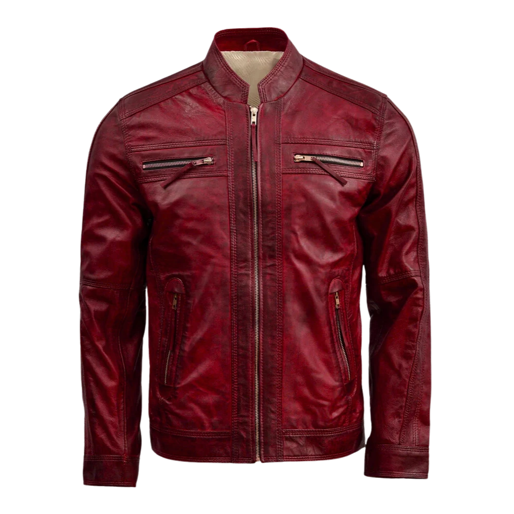 Mens Waxed Dark Burgundy Cafe Racer Leather Jacket (2)