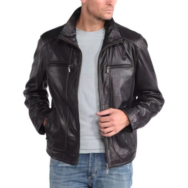 Men's Zip Pockets Black Biker Leather Jacket - Front look Main